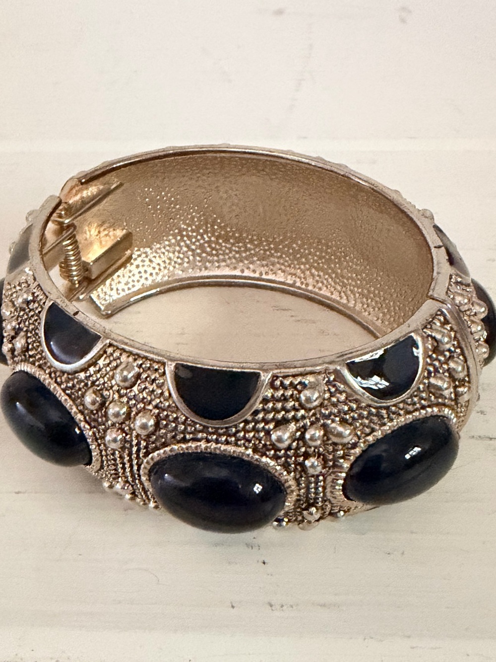 Vintage Antique Gold Tone Black Cabochon Hinged Clamper Statement Bracelet Boho